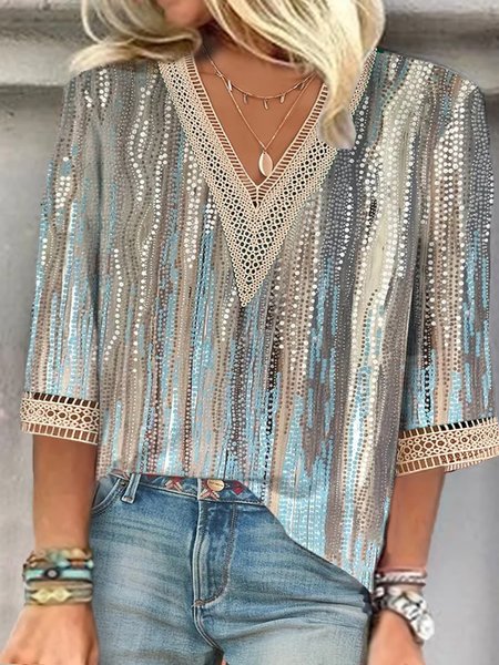 Plus size V Neck Lace Vacation Loose Shirt, Shirts & Blouses, color:Blue|size:4X, JustFashionNow