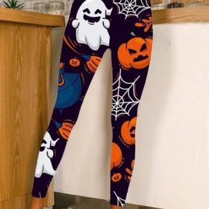 Halloween Pumpkin Ghost Fun Print Leggings, Leggings, color:Multicolor|size:XXL, JustFashionNow