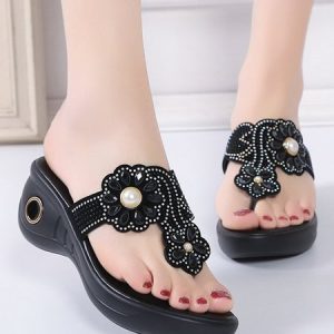 Gorgeous Flower Rhinestone Soft Wedge Flip Flops, Sandals, color:Black|size:40, JustFashionNow