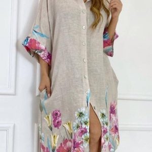 Casual Floral Button Down Shirt Dress Vacation Boho Clothing, Dresses, color:Apricot|size:3XL, JustFashionNow