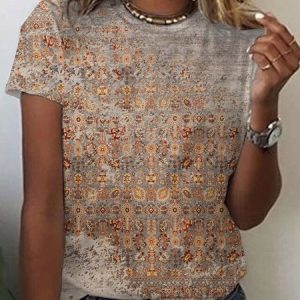 Ethnic Loose Crew Neck Casual T-Shirt, T-shirts, color:Brown|size:XXL, Noracora