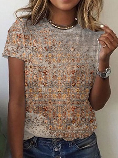 Ethnic Loose Crew Neck Casual T-Shirt, T-Shirts, color:Brown|size:XXL, JustFashionNow