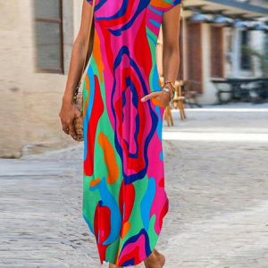Loose Abstract Graphic Crew Neck Casual Dress, Maxi, color:Red|size:XXL, Noracora
