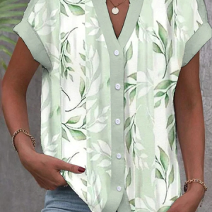 V Neck Short Sleeve Floral Regular Loose Blouse For Women 2023, Shirts, color:Green|size:XXL, catalog Noracora shop