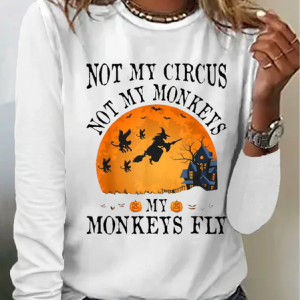 Casual Halloween Crew Neck Long Sleeve T-shirt, T-shirts, color:White|size:XXL, Noracora