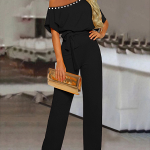 Short Sleeve One Shoulder Loose Long Holiday Casual Plain Natural For Women, Jumpsuits&Rompers, color:Black|size:3XL, Noracora