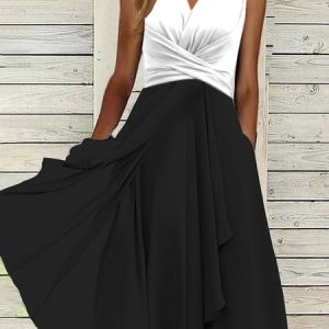 Simple V Neck Regular Fit Plain Dress, Formal Dresses, color:Black-white|size:XXL, JustFashionNow