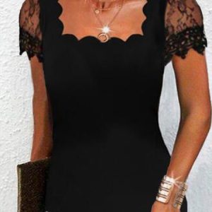 Solid Square Neck Casual Short Sleeve Lace T-Shirt, Blouses, color:Black|size:XXL, Noracora