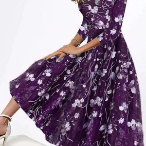 Women's Swing Dress Floral Dress Midi Dress 3/4 Length Sleeve Floral Print V Neck Dress, Formal Dresses, color:Purple|size:XXL, JustFashionNow