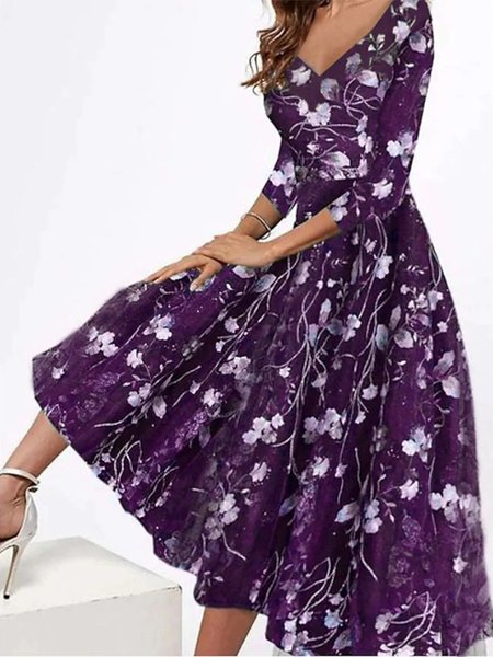 Women's Swing Dress Floral Dress Midi Dress 3/4 Length Sleeve Floral Print V Neck Dress, Formal Dresses, color:Purple|size:XXL, JustFashionNow