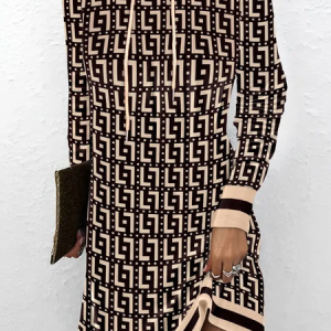 Women Geometric Hoodie Long Sleeve Comfy Casual Midi Dress, Dresses, color:Khaki|size:XXL, Noracora