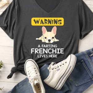 Women's Warning A Farting Farting Frenchie Live Here Matching V Neck T-Shirt, color:Gray|size:XXL, Lilicloth.com