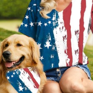 Women's America Flag Casual Loose Matching T-Shirt, color:Blue|size:3XL, Lilicloth.com
