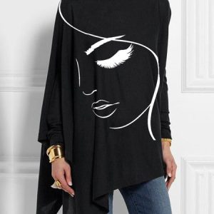 Turtleneck Abstract Simple Long Sleeve Blouse, Blouses and Shirts, color:Black-white|size:XXL, Stylewe