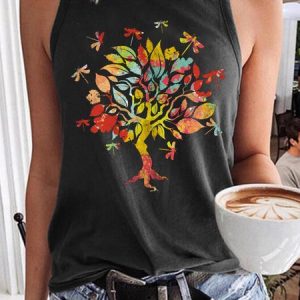 Women's Casual Crew Neck Dragonfly Tree Retro Tank Top, color:Deep Gray|size:3XL, Lilicloth.com