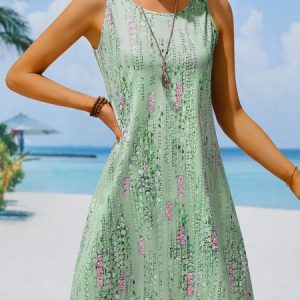 Casual Loose Crew Neck Floral Dress, Dresses, color:Green|size:XXL, JustFashionNow