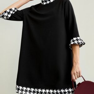 Stylewe Long sleeve Stand Collar Houndstooth Regular Fit Dress, Dresses, color:Black|size:XXL, Stylewe