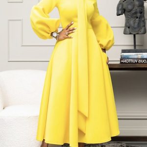 Long Sleeve Elegant Regular Fit Others Plain Dress, Maxi Dresses, color:Yellow|size:XXL, Stylewe