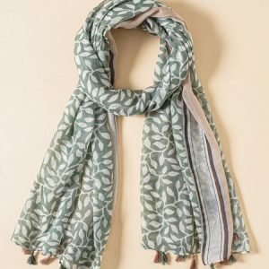 Beach Vacation Botanical Floral Long Silk Scarf Boho Women's Accessories, Women Scarves & Shawls, color:darkgreen|size:One-size, JustFashionNow