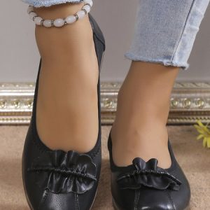 Vintage Brush Off Ruched Decor Comfy Shallow Shoes, Flats, color:Black|size:42, JustFashionNow