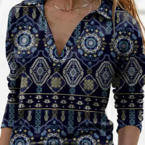 Ethnic Shawl Collar Loose Top, T-Shirts, color:Multicolor|size:XXL, JustFashionNow