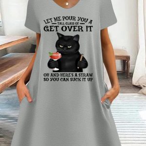 Women's Let Me Pour You A Tall Glass Of Get Over It Oh And Here’s A Straw So You Can Suck It Up V Neck Dress, color:Gray|size:3XL, Lilicloth.com