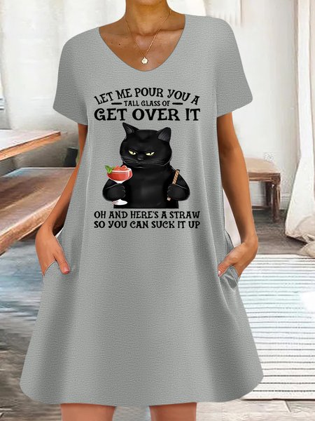 Women's Let Me Pour You A Tall Glass Of Get Over It Oh And Here’s A Straw So You Can Suck It Up V Neck Dress, color:Gray|size:3XL, Lilicloth.com