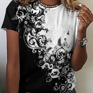 Women's Black White abstract Print Casual Crew Neck T-Shirt, T-shirts, Lilicloth.com