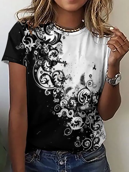 Women's Black White abstract Print Casual Crew Neck T-Shirt, T-shirts, Lilicloth.com