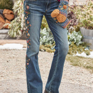 Regular Fit Floral Denim Casual Jeans, Jeans, color:Denim Blue|size:XXL, JustFashionNow