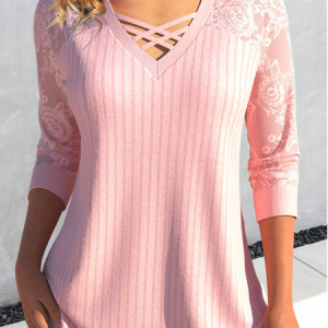 Loose Plain Casual Lace T-Shirt, T-Shirts, color:Pink|size:XXL, JustFashionNow