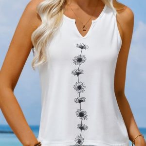 Casual Regular Fit Notched Floral Tank Top, Tanks & Camis, color:Green|size:XXL, JustFashionNow