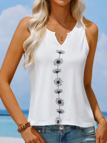 Casual Regular Fit Notched Floral Tank Top, Tanks & Camis, color:Green|size:XXL, JustFashionNow