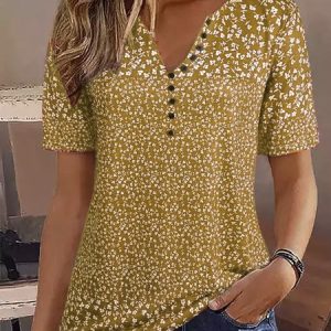 Crew Neck Casual Buckle Loose Blouse, Blouses, color:Yellow|size:XXL, Noracora