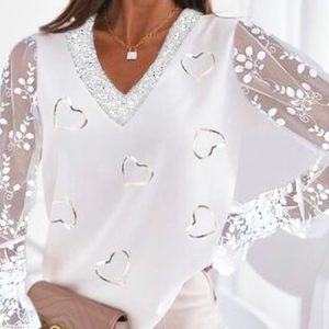 JFN V Neck Heart Glitters Lace Patchwork Party Shirt, Shirts & Blouses, color:White|size:XXL, JustFashionNow