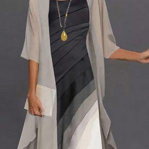 Women Ombre Crew Neck Half Sleeve Comfy Casual Coat With Skirt Two-Piece Set, SET, color:Champagne|size:4XL, Noracora