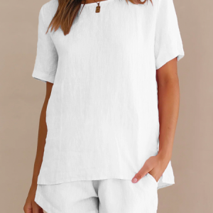 Casual Crew Neck Two-Piece Set, Suit Set, color:White|size:XXL, JustFashionNow