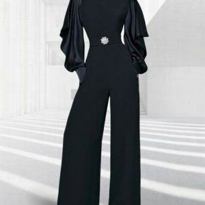 Plain Casual Long sleeve Micro-Elasticity Blouse, Jumpsuits, color:Black|size:XXL, Stylewe