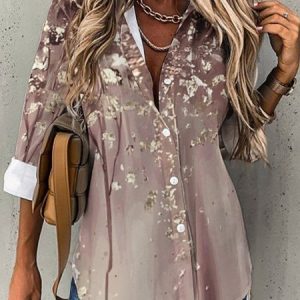 Shirt Collar Long Sleeve Floral Buckle Regular Micro-Elasticity Loose TUNIC Blouse For Women, Blouses, color:Khaki|size:3XL, Noracora