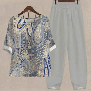 Paisley Crew Neck Loose Two-Piece Set, Suit Set, color:Gray|size:XXL, JustFashionNow