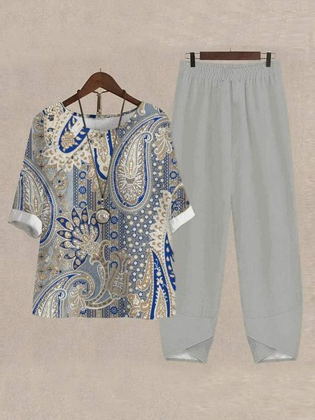 Paisley Crew Neck Loose Two-Piece Set, Suit Set, color:Gray|size:XXL, JustFashionNow