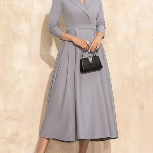 Shawl Collar Regular Fit Elegant Plain Dress, Midi Dresses, color:Gray|size:XXL, Stylewe