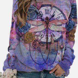 Butterfly Floral Print Long Sleeve Sweatshirt, Sweatshirts & Hoodies, color:Purple|size:3XL, JustFashionNow