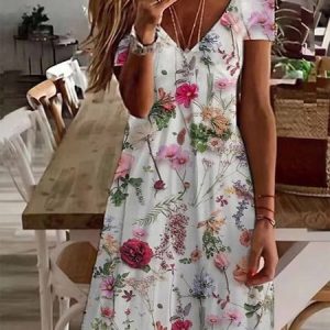 V Neck Casual Floral Loose Dress, Dresses, color:White|size:XXL, JustFashionNow