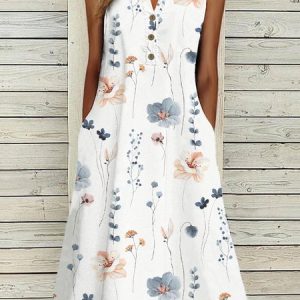 Buckle Floral Printed Loose Casual Dress, Floral Dresses, color:White|size:XXL, JustFashionNow