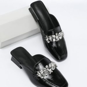 Urban Rhinestone Square Toe Low Heel Mules, Flats, color:Black|size:42, Stylewe
