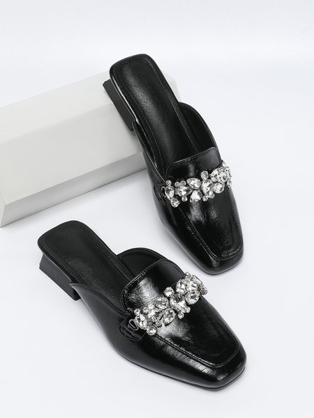 Urban Rhinestone Square Toe Low Heel Mules, Flats, color:Black|size:42, Stylewe