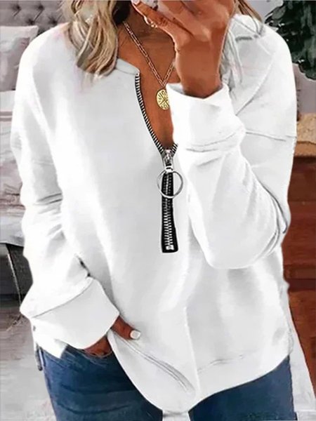 plus size Long Sleeve V Neck Casual Solid Sweatshirt, Sweatshirts, color:White|size:4X, JustFashionNow