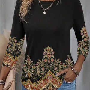Casual Ethnic Crew Neck Long Sleeve T-shirt, T-shirts, color:Black|size:XXL, Noracora