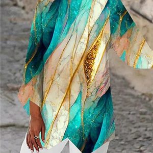 Crew Neck Long Sleeve Abstract Regular Loose Shirt For Women, Blouses, color:Green|size:4XL, Noracora